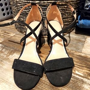 Strappy black crystal block heel